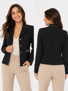 Studio I Black Tailored Blazer with Beige Contrast Trim